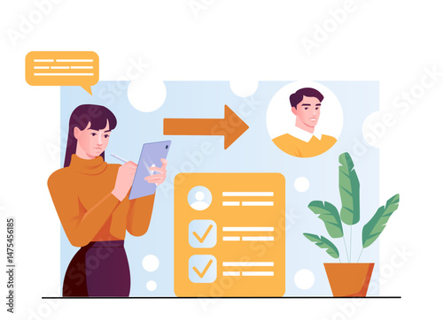 Woman holding a tablet and evaluating a candidate for recruitment, modern flat graphic style, light blue background with shapes, concept of human resources. Vector illustration
