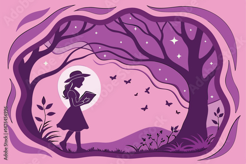 84 Fantasy book diorama, paper art, layered paper cutout, magical forest scene, silhouette of a girl with hat and book, crescent moon, fireflies, purple and pink gradient background, starry night sky,