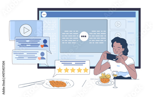 Woman taking aof her food with a smartphone at a restaurant table, surrounded by digital comments, stars and video icons. Vector illustration