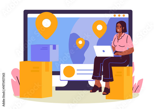 Woman with laptop sitting on parcel boxes, tracking global delivery on a large screen with map pins, flat graphic style, white background. Concept of logistics. Vector illustration