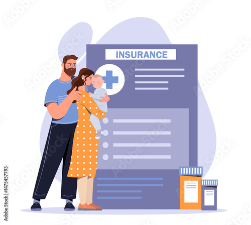 Happy young family with baby standing near large health insurance form, with medicine bottles nearby, on white background. Concept of family healthcare. Vector illustration