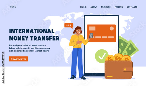 Woman using smartphone for online transaction, flat style with map background, large phone screen, wallet, coins, and bills, concept of global finance. Vector illustration