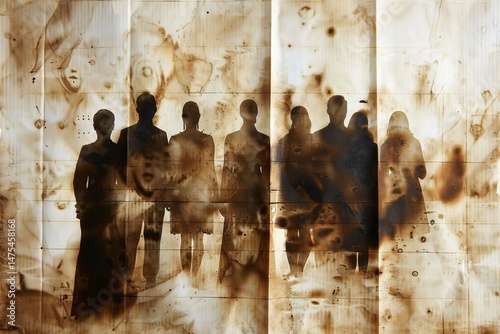Silhouettes of diverse individuals cast against a burnt background, creating an atmosphere of mystery and intrigue.