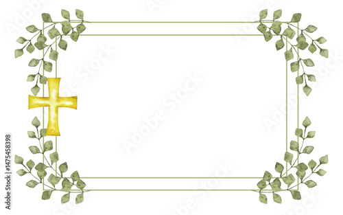 Horizontal frame with green leaves and golden cross. Hand drawn. Template for first communion, confirmation, baptism, wedding greeting cards, invitation, save the date. Copy space. Isolated