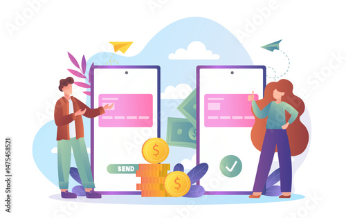 Two people stand by smartphones exchanging money via digital wallets, in a flat cartoon style, on a white abstract background. Concept of online transactions. Vector illustration