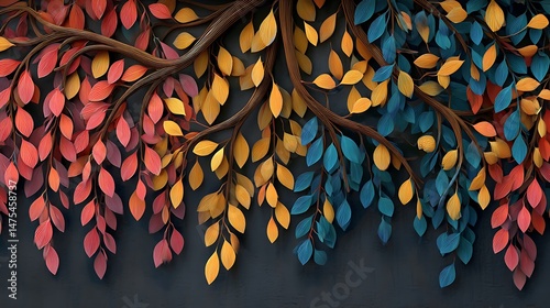 Fototapeta Naklejka Na Ścianę i Meble -  Elegant colorful tree with vibrant leaves hanging branches. 3d abstraction wallpaper .