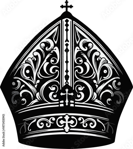 Intricate Black and White Papal Mitre Vector – Vintage Catholic Bishop Hat with Cross and Floral Baroque Ornament for Ecclesiastical Design