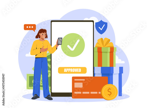 Woman holding smartphone near large screen with check mark and approved message, flat style, on white background. Concept of digital payment success. Vector illustration