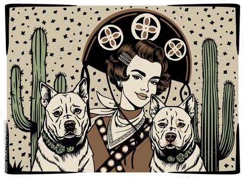 Woman in cangaceiro hat with two dogs. Northeast Brazil folklore. Vector illustration. Brazilian cordel