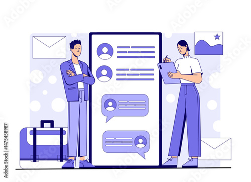 Two business people discussing a mobile chat interface, flat graphic style, on a light abstract background with icons. Concept of communication and teamwork. Vector illustration