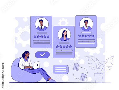 Woman sitting with laptop analyzing candidate profiles with rating stars, minimal flat style on abstract background, concept of recruitment and hiring. Vector illustration