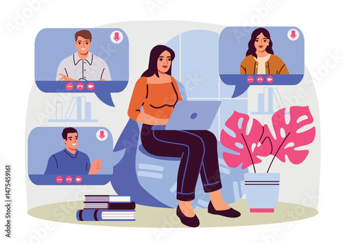 Woman sitting with laptop having virtual meeting with three people on screen windows, flat style, indoors with houseplant and books, concept of remote work. Vector illustration