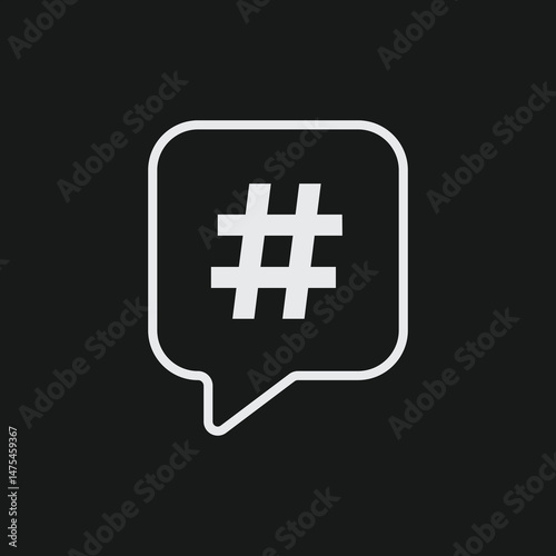 White Outline Icon Hashtag Symbol in Speech Bubble on Black Background
