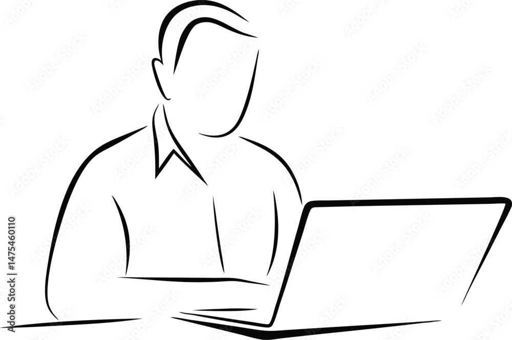 Continuous one line drawing of a man working on a laptop at a table, minimalist single line art vector illustration in black and white
Continuous one line drawing of a man working on a laptop at a table, minimalist single line art vector illustration in black and white