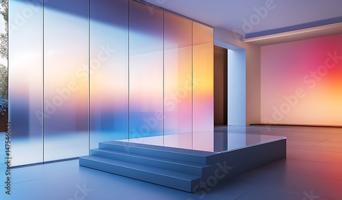 A podium that changes transparency based on viewing angle, wall with electrochromic glass panels.