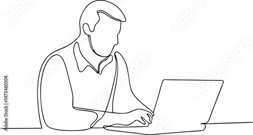 Continuous one line drawing of a man working on a laptop at a table, minimalist single line art vector illustration in black and white

