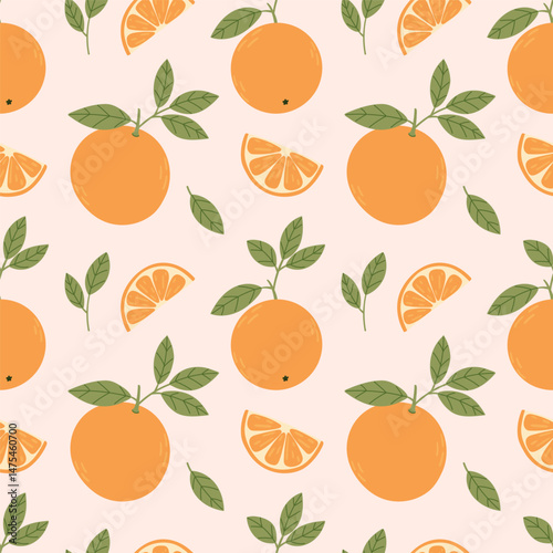 Oranges, seamless vector pattern. Bright summer pattern with oranges on a pink background in a simple flat style.