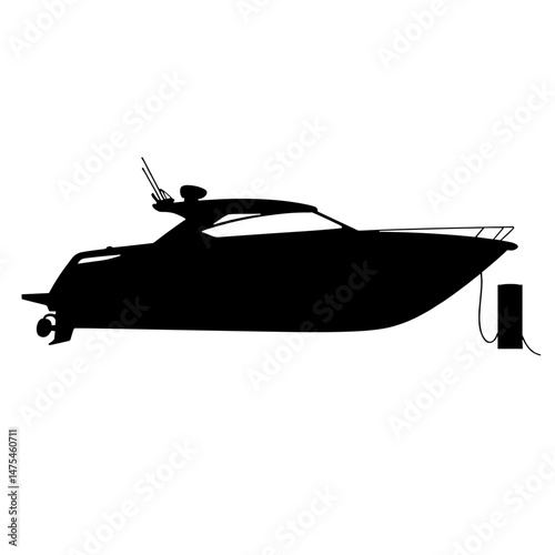 Silhouette of electric boat with charging station, concept for innovation in marine transportation and sustainable technology