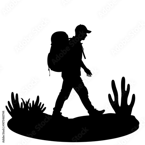 Silhouette of Hiker with Backpack Walking on Trail, Transition Concept