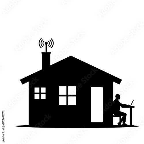 Silhouette of Tiny House with Antenna, Person at Desk, Concept of Remote Life and Solitude