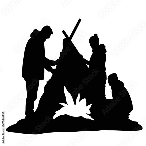 Silhouette of friends building snow shelter, cooperation in survival, winter outdoor teamwork