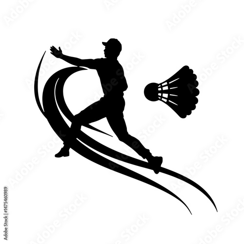 Silhouette of a badminton player striking shuttlecock with dynamic motion lines, sport action and speed concept