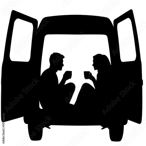 Silhouette of Couple Drinking Coffee in Camper Van, Vanlife and Connection Concept
