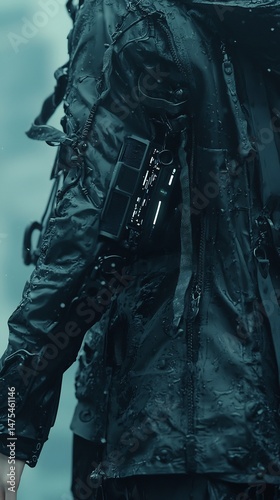 A solitary figure in waterproof attire traversing inclement weather, carrying a backpack