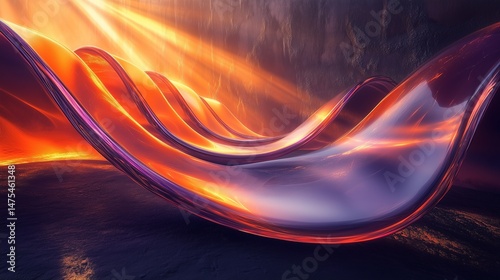 Sunset-orange and purple glass arcs glow softly with beams of light on a dark texture.