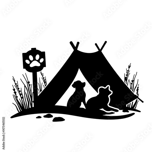 Silhouette of Pet-Friendly Sign with Tent and Paw Print, Black and White Design for Welcome and Access