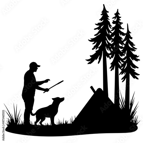 Silhouette of person playing fetch with dog near forest campsite, concept of outdoor activity and companionship