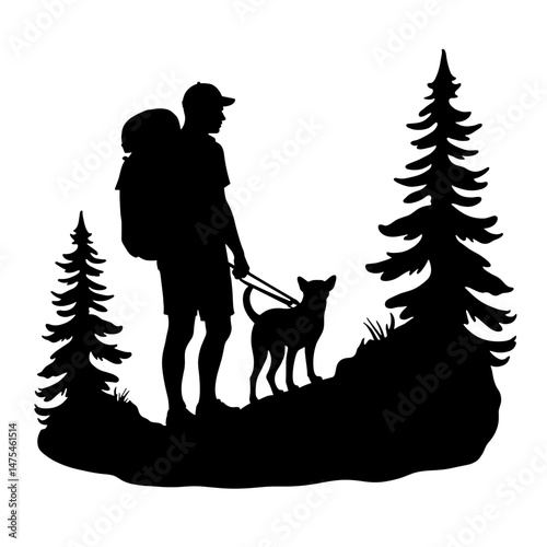 Silhouette of Camper with Backpack and Dog on Forest Path, Concept of Mobility and Adventure