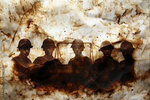 Silhouetted soldiers against a distressed, burnt backdrop, conveying a sense of valor and memory. The image captures the essence of sacrifice and history.
