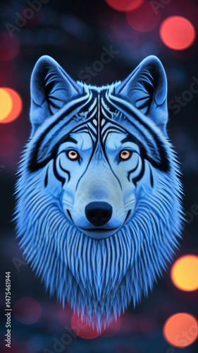 Illustration of a wolf head with bokeh in the background