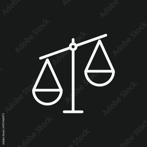 White Outline Icon Scales of Justice on Black Background, Law Symbol
