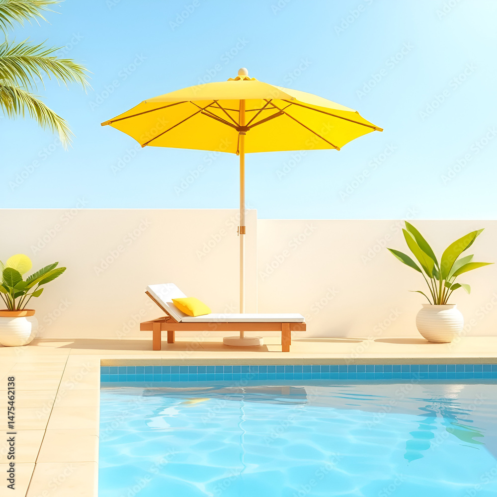 Fototapeta premium illustration of bright lounge zone with sunbed and yellow umbrella placed on edge near swimming pool and potted plants representing concept of summer vacation