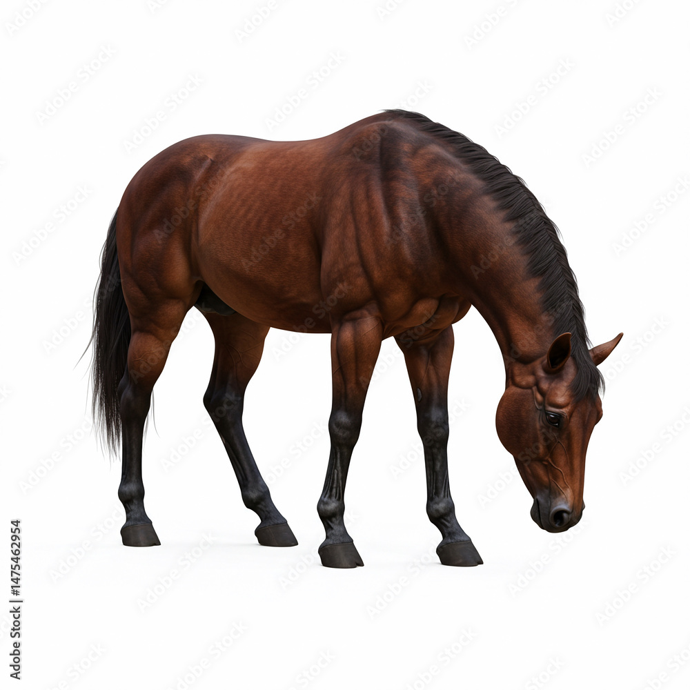 Obraz premium A brown horse grazing with its head down, sleek coat, strong body structure, realistic anatomy, white background, clean and clear composition