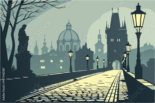 87 Misty night, Charles Bridge Prague, Gothic statues, foggy atmosphere, cobblestone path, glowing streetlamps, silhouetted towers, moody lighting, atmospheric cityscape, ethereal ambiance, historic a