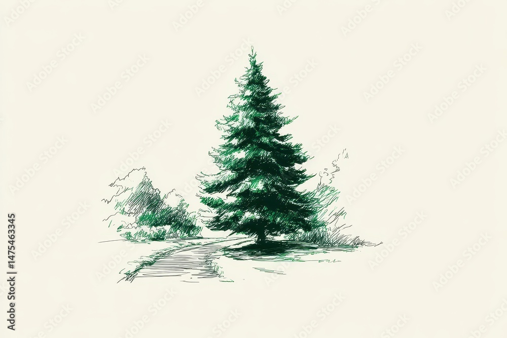 Fototapeta premium Detailed illustration of a solitary evergreen tree.