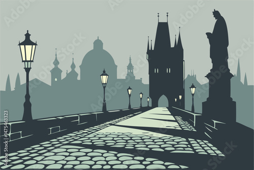 87 Misty night, Charles Bridge Prague, Gothic statues, foggy atmosphere, cobblestone path, glowing streetlamps, silhouetted towers, moody lighting, atmospheric cityscape, ethereal ambiance, historic a