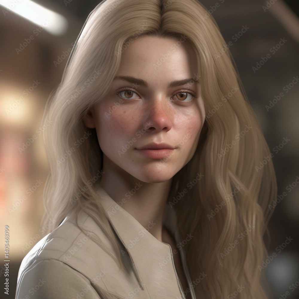 Fototapeta premium A highly detailed, hyper-realistic close-up portrait of an AI-generated human face. This digital artwork features lifelike skin textures, expressive eyes, and natural lighting.