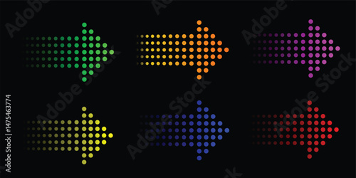 Dotted arrow gradient design isolated on a black background, Arrow halftone effect 