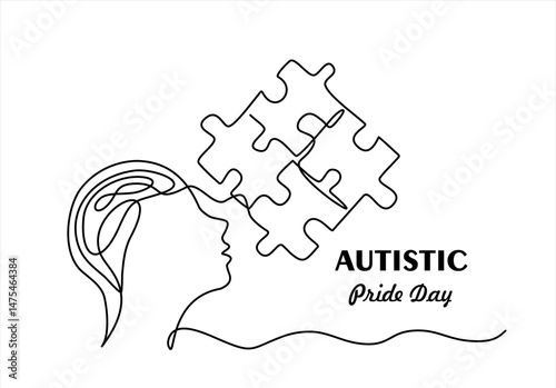 Human head profile with jigsaw puzzle by continuous line. Autistic pride day.Accept autism and understand the challenges associated with it. Help people build kinder world for every unique individual
