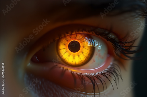  closeup of a human eye with Lasik vision laser correction procedure and beams going into the cornea as wide banner with copy space area the cornea as wide banner with copy. generative AI