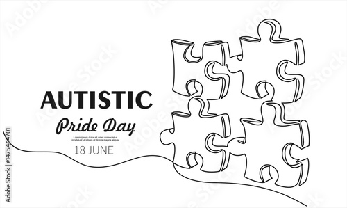 Continuous one line drawing of grup of puzzle. Autism awareness concept art. Accept autism and understand the challenges associated with it. Help people build kinder world for every unique individual.