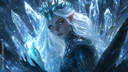 Winter Queen's Regal Beauty: An Ice Queen exudes regal beauty, adorned with a shimmering crown, against a backdrop of glistening ice crystals and snow.