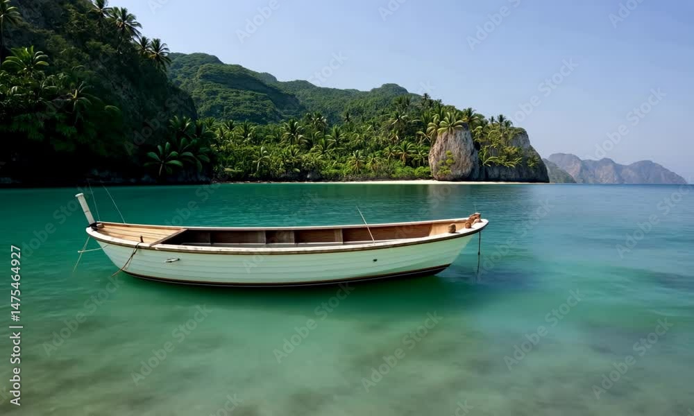 Traditional wooden boat floating near rocky cliff in turquoise blue tropical paradise waters Traditional wooden boat floating near rocky cliff in turquoise blue tropical paradise waters
