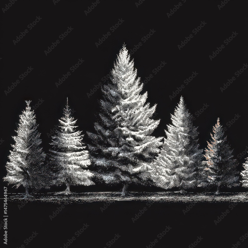Obraz premium A monochromatic drawing of five snowy evergreen trees.