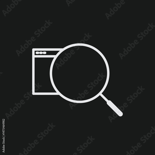 White Outline Icon Magnifying Glass over Browser Window on Black Background