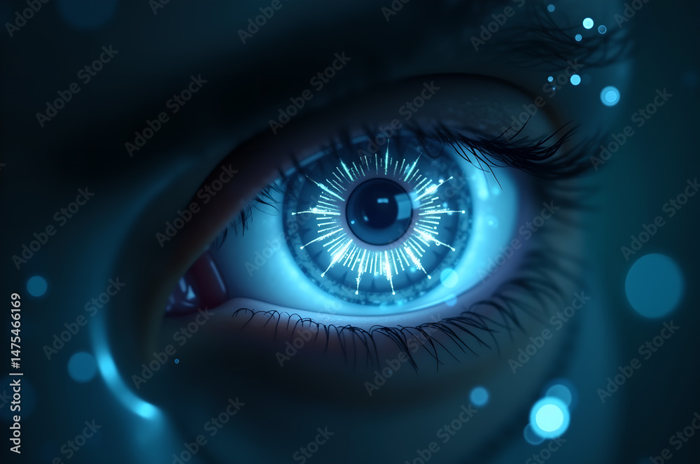 Fototapeta premium closeup of a human eye with Lasik vision laser correction procedure and beams going into the cornea as wide banner with copy space area the cornea as wide banner with copy. generative AI